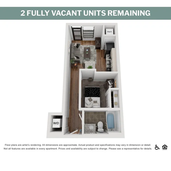 Modern 3D apartment floor plan showcasing 1 bedroom, chic living area, and a fully-equipped kitchen with sleek design.