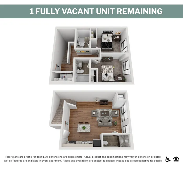 Modern two-story floor plan featuring two bedrooms, two bathrooms, a spacious living area, and an open kitchen. The design includes a contemporary layout with ample natural light through large windows.