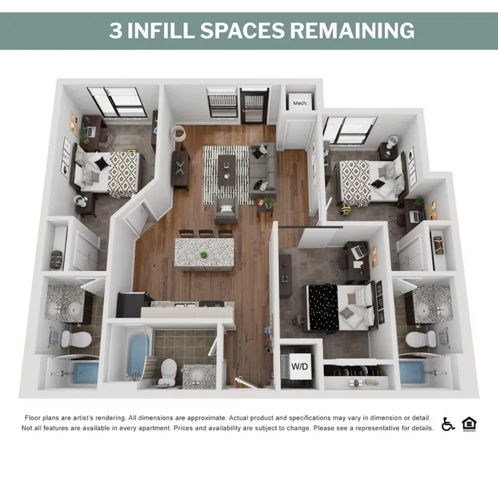 Modern 3D floor plan featuring three elegant bedrooms, an inviting open-concept living and dining area, a sleek kitchen island, and two stylish bathrooms. Includes dedicated workspace, in-unit laundry, and ample natural light.