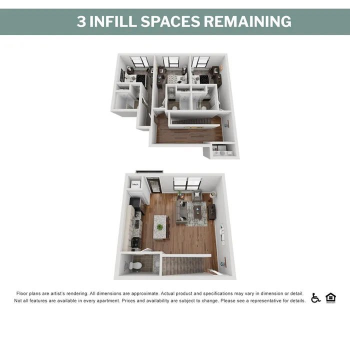 Modern 3D apartment floor plan showing two bedrooms, a spacious living room, and an open kitchen with elegant finishes.