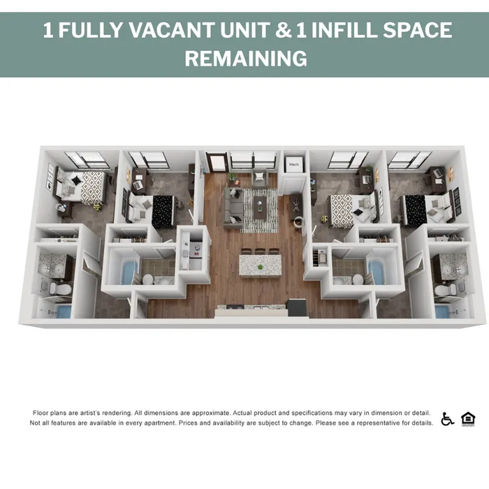 Modern floor plan showcasing a spacious 3-bedroom apartment with open-concept living and dining areas, stylish kitchen, and two elegant bathrooms.