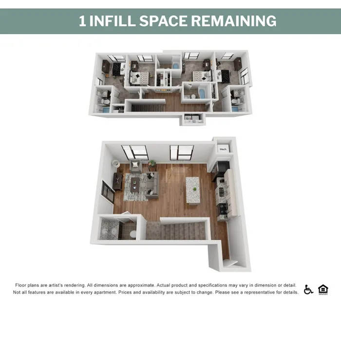 Modern 3D floor plan with 3 bedrooms, 2 bathrooms, and an open-concept kitchen and living area, showcasing stylish design and spacious interiors.