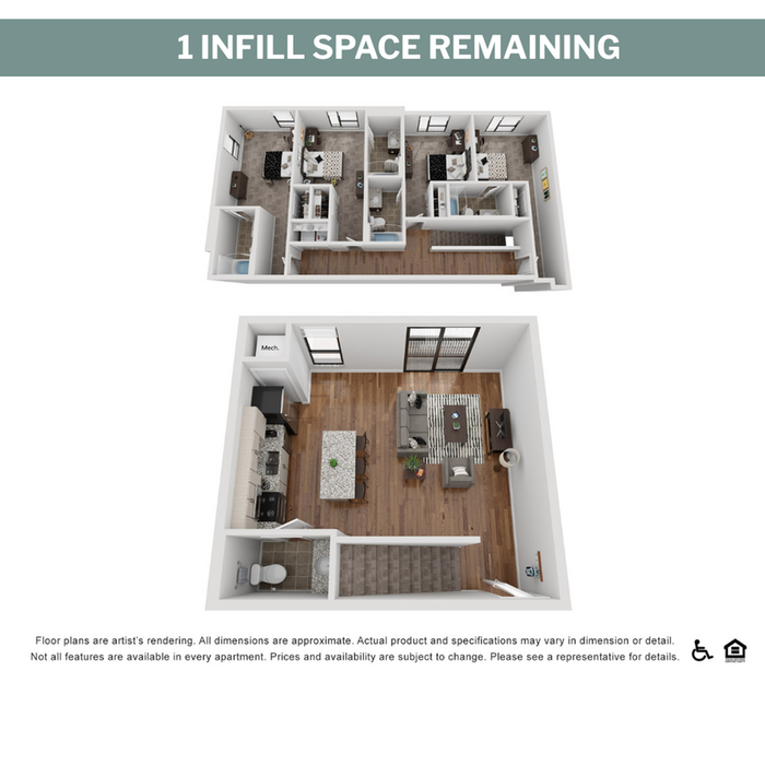 Impressive 3D apartment floor plan featuring 3 modern bedrooms, a stylish living area, and a contemporary kitchen, showcasing elegant design and smart space utilization.