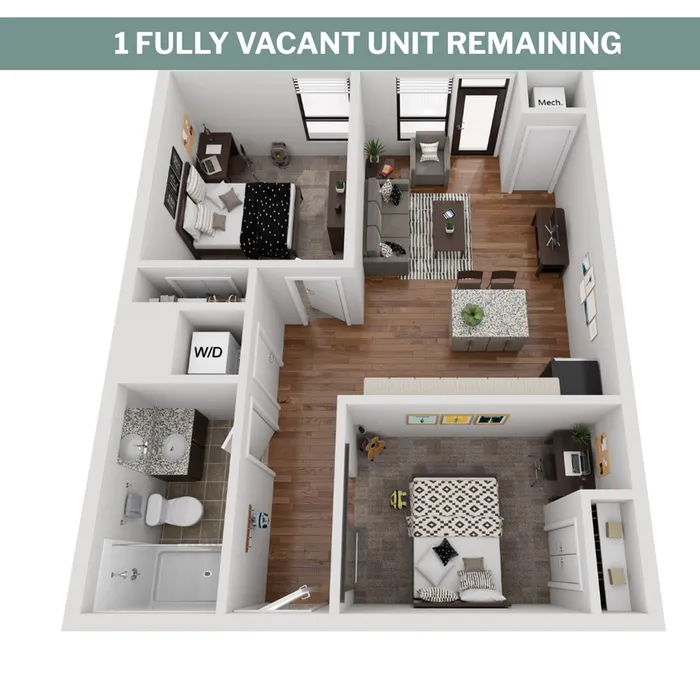 Modern floor plan featuring a cozy 1-bedroom unit with an open-concept living area, stylish kitchen island, and elegant bathroom. Bright and spacious design with hardwood floors and plenty of natural light. Washer/dryer included for convenience.
