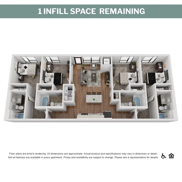 Modern 3D floor plan showcasing four bedrooms, spacious living area, and sleek kitchen with dining island.