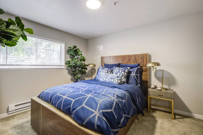 bedroom with blue bedding and window