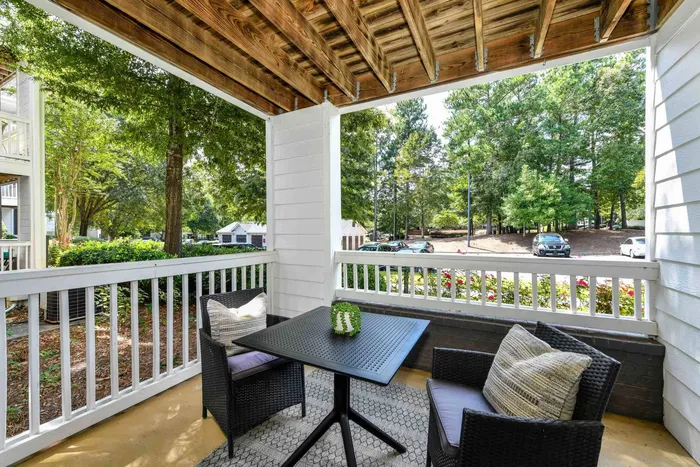Covered patio in an apartment to rent in Acworth, GA.