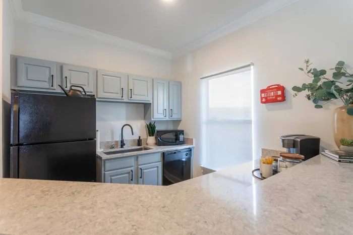 Community kitchen up close, showing dishwasher, microwave, counters, cabinets, first aid kit, and coffee machine