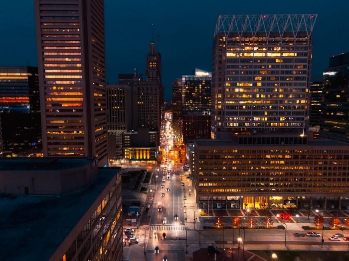 Aerial view of the streets of Baltimore at night, near our apartments for rent in Owings Mills, Maryland.