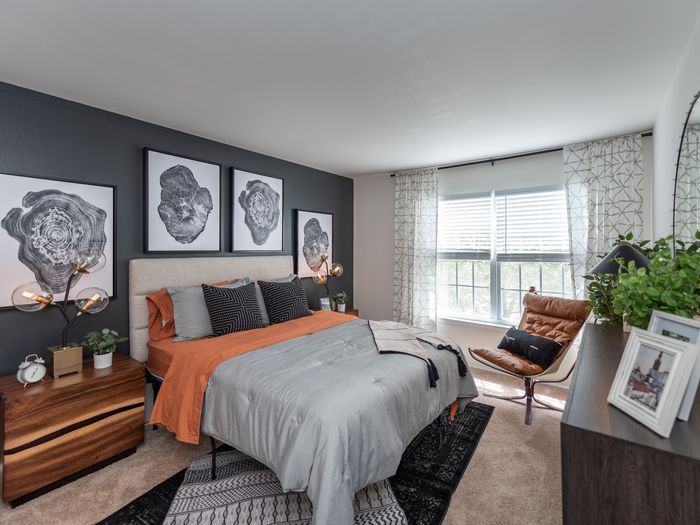 Large bedroom with dresser, bed side tables and large king bed