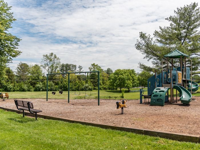 The playground at our apartments for rent in Leesburg, VA, featuring wood chips, a play structure, and a green lawn.