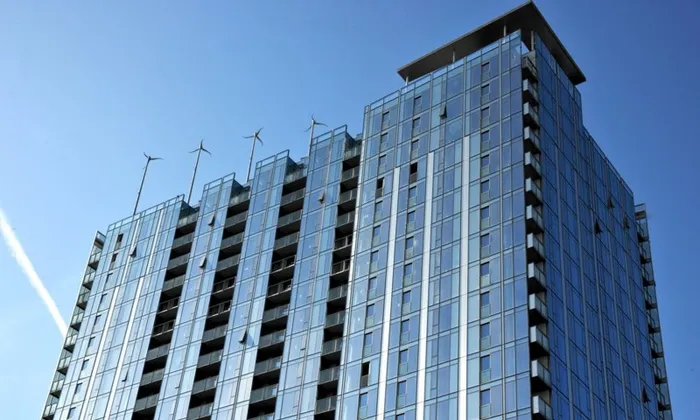 Exterior view of a Portland high rise apartment during the day.