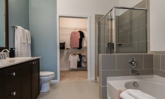 spa-inspired bathroom and walk-in closet