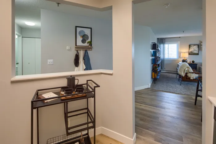 View of entry and living room from kitchen