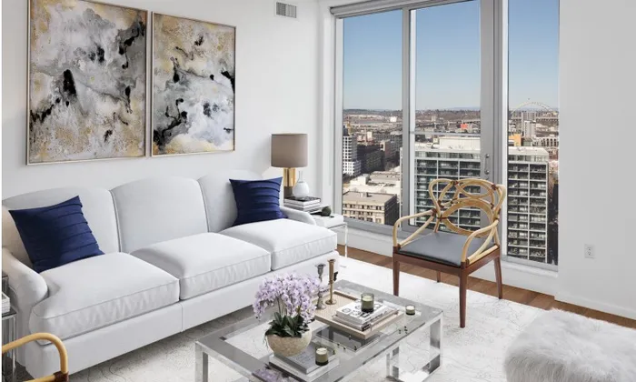 A luxury Portland Oregon apartment with a view of downtown.