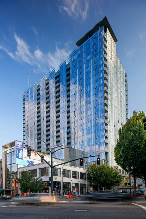 Exterior view of a Portland high rise apartment during the day.