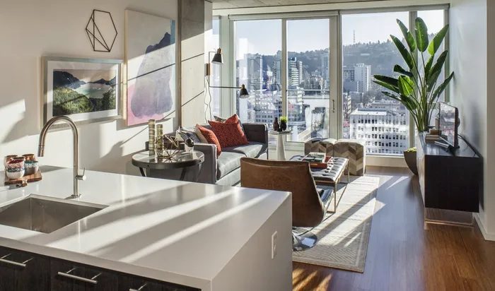 A luxury Portland Oregon apartment with a view of downtown.