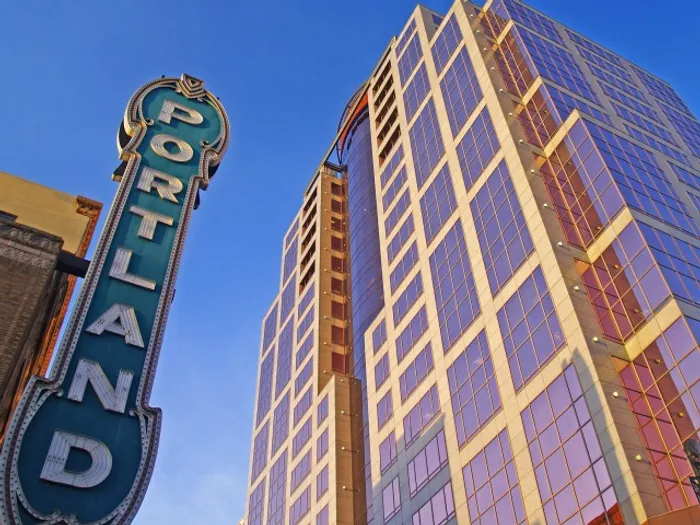 View of a Portland high rise apartment building in downtown.