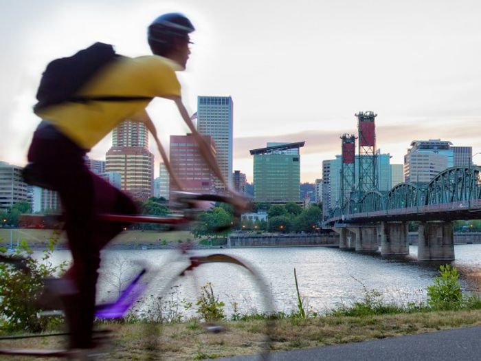 person biking around town