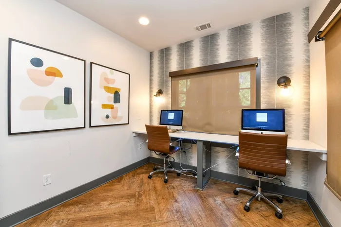 Business center at pet-friendly apartments Alpharetta, GA.