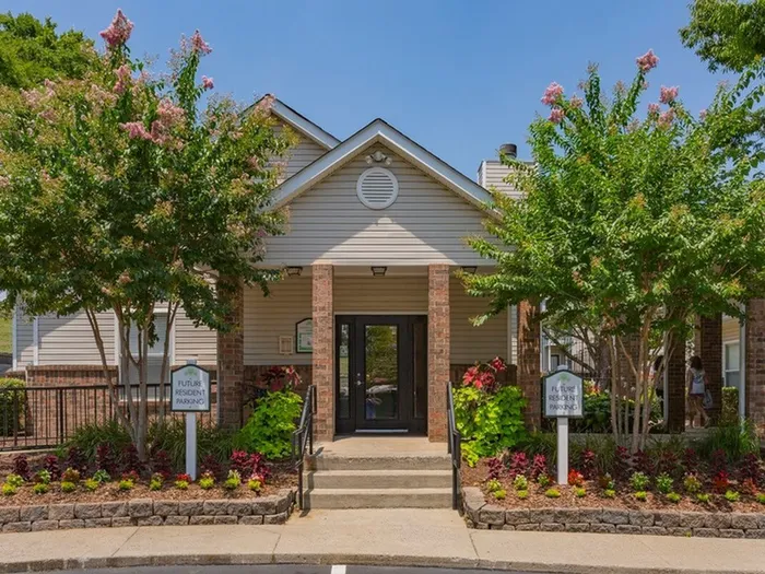 The leasing office at our apartments in Bellevue, TN, featuring parking spots labeled "future resident parking"