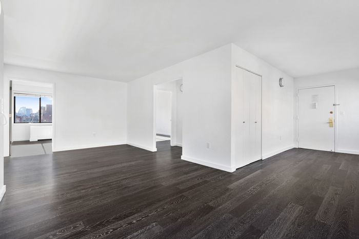 Large living room with wood-like floors