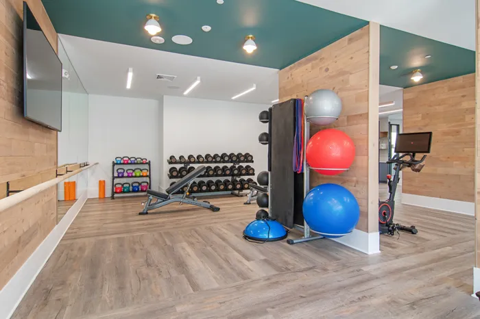 Fitness Room with excersie balls and free weights