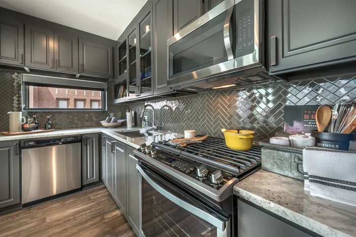 Stainless steel appliances in kitchen