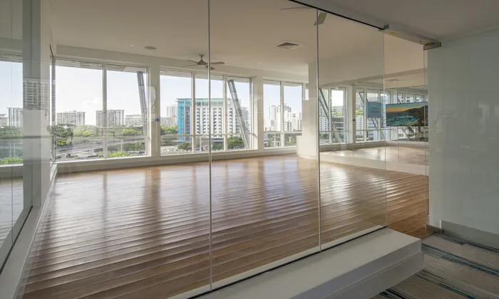Yoga studio connected to the gym at SOMA at Brickell, an apartment community in Miami.