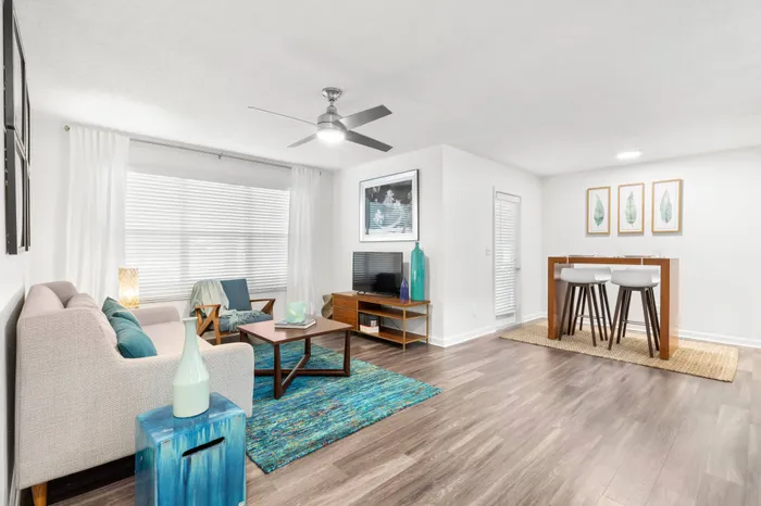 Living/dining room in a luxury apartment in Clearwater, FL.