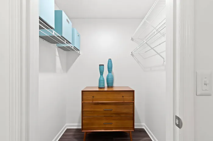 Walk-in closet with dresser in an apartment near Dunedin, FL.