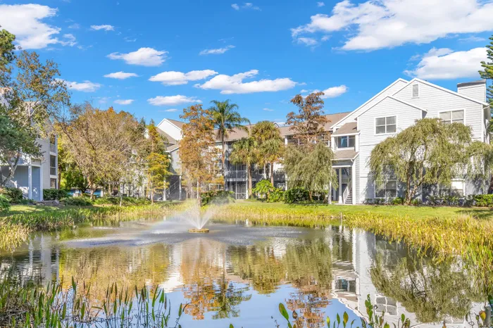 Photograph of our apartments in Clearwater, taken from the lagoon near the apartment complex. There is a fountain.