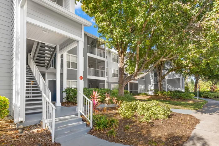 Photograph of the exterior of the Avana City Park apartment complex, featuring palm trees and paths.
