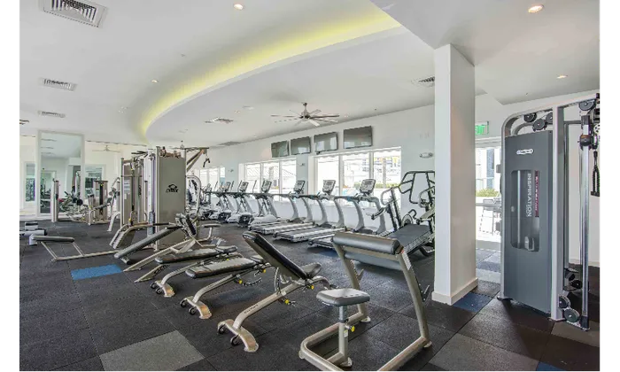 The fitness center at our apartments in Brickell, featuring treadmills, spin bikes, and other exercise equipment.