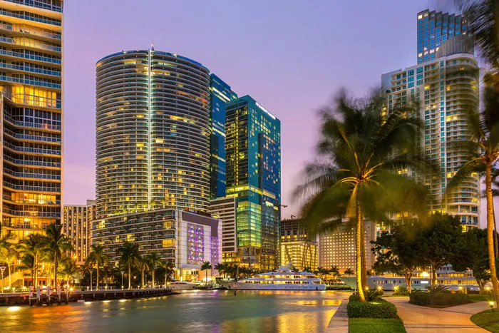 View of Brickell Miami Florida skyline at night