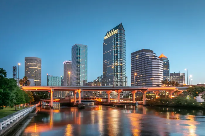 The city skyline near our apartments for rent in Clearwater, FL, featuring a view of the sky at dusk.