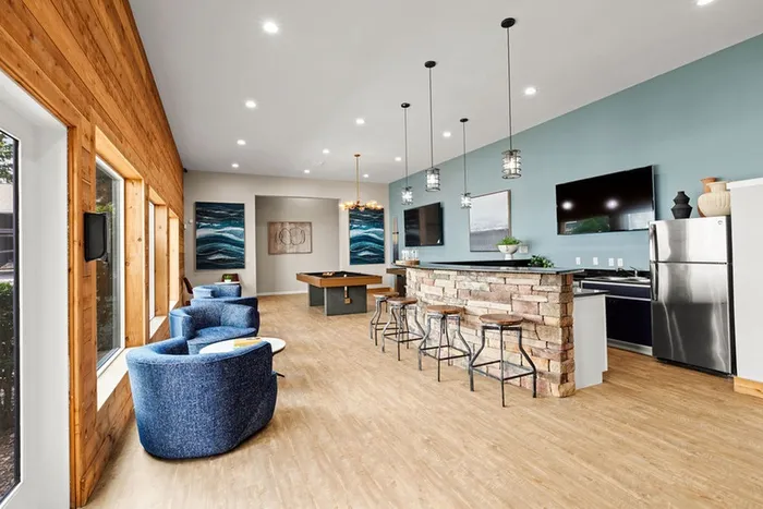 Community Room with Pool, Shuffleboard and Kitchen