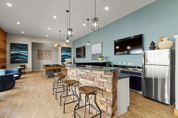 Community Room with Pool, Shuffleboard and Kitchen