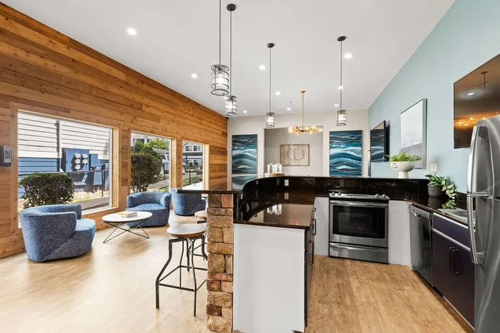 Community Room with Pool, Shuffleboard and Kitchen