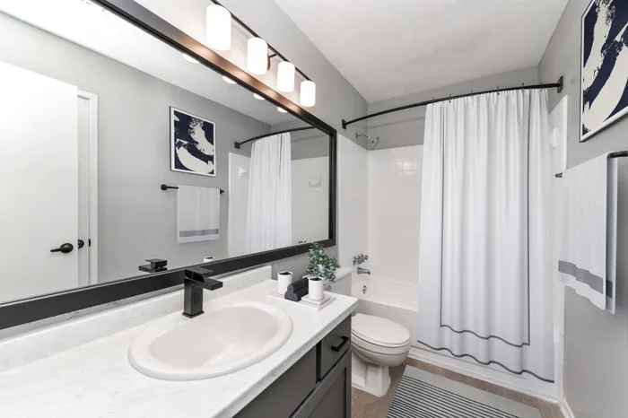 Bathroom with upgraded fixtures, lighting and hardware