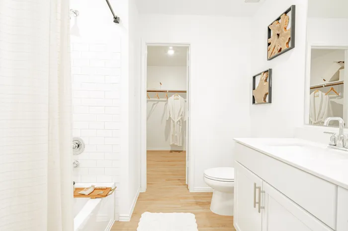 white primary bath with walk in closet