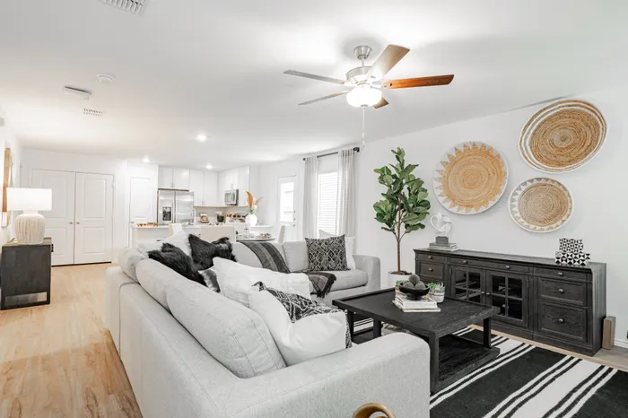 living room with grey sectional