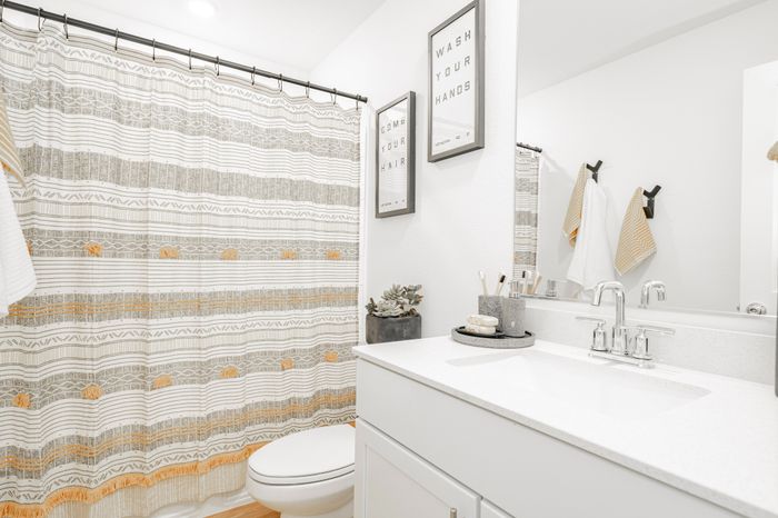 bathroom with patterned bath curtain