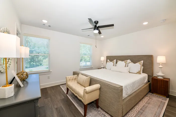 bedroom with beige headboard