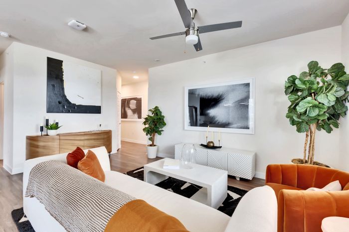 Open-concept apartment living room with large windows at Perch Apartments in Austin.
