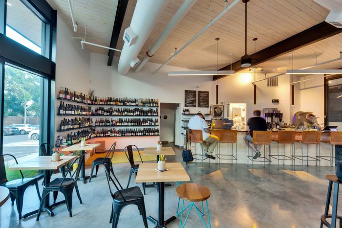 Interior of Golden Hour Coffee, an on-site coffee shop at Perch Apartments in South Austin.