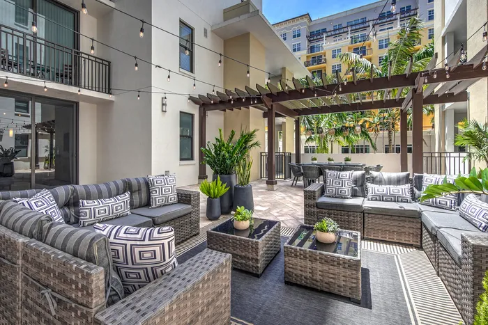 Outdoor patio beside luxury Boca Raton Florida apartments.