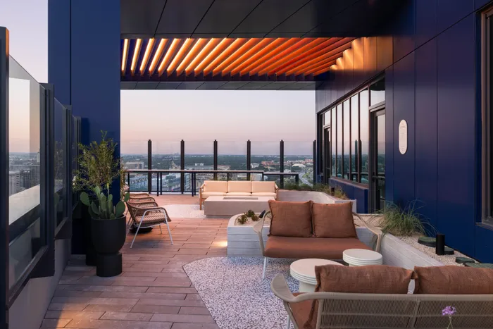 outdoor seating at dusk