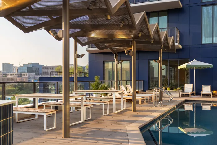 pool with outdoor seating