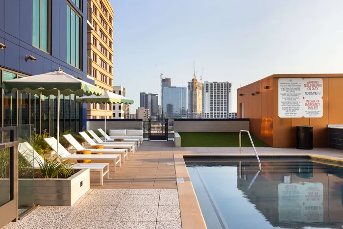 outdoor seating and pool